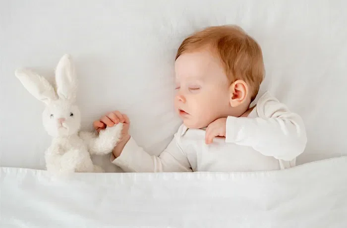 tavşanlı oyuncağı ile uyuyan bir bebek
