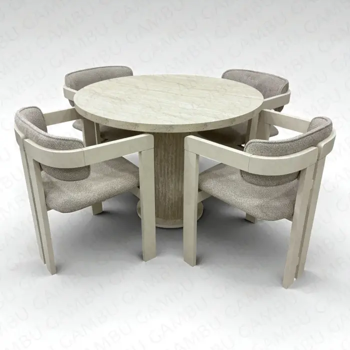 Yuvarlak Bohem Takım - T Sandalye Krem & Üst Traverten Ayak Traverten