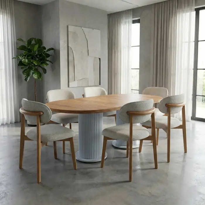 Bohem Masa Sandalye Takımı - Norte Naturel + Bohem Masa Üst Ceviz, Ayak Beyaz