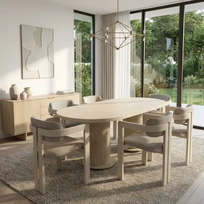 Bohem Masa Sandalye Takımı - T Sandalye Krem + Bohem Masa Üst Traverten, Ayak Traverten