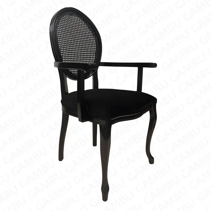 Madalyon Kollu Hasırlı Ahşap Sandalye - Siyah