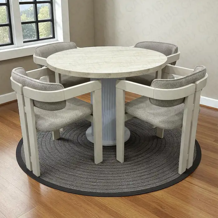 Yuvarlak Bohem Takım - T Sandalye Krem & Üst Traverten Ayak Beyaz