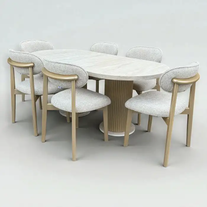 Bohem Masa Sandalye Takımı - Norte Sandalye Gold + Bohem Masa Üst Traverten, Ayak Gold