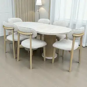 Bohem Masa Sandalye Takımı - Norte Sandalye Gold + Bohem Masa Üst Traverten, Ayak Gold