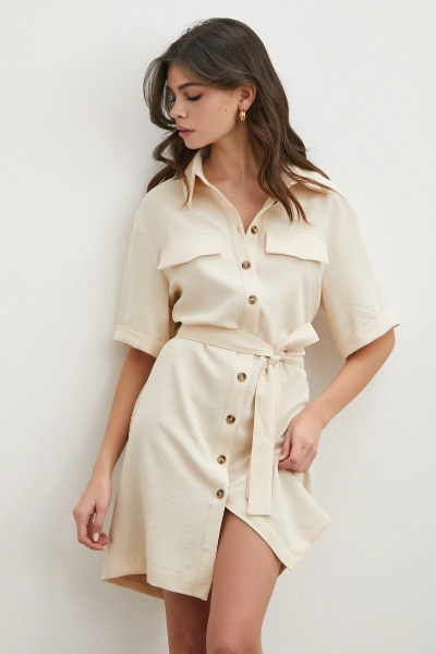 Ekru Safari Serisi Gömlek Elbise