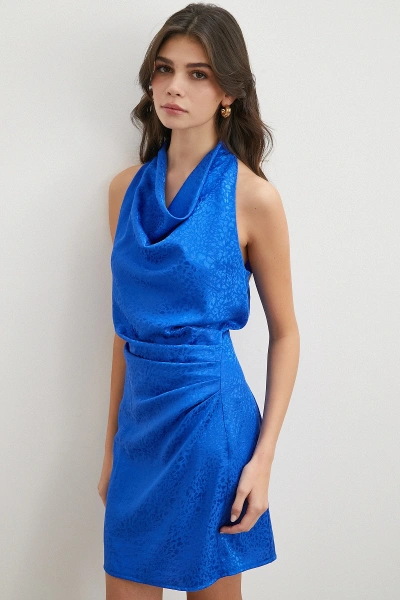 Saks Mavisi Jakarlı Halter Yaka Elbise
