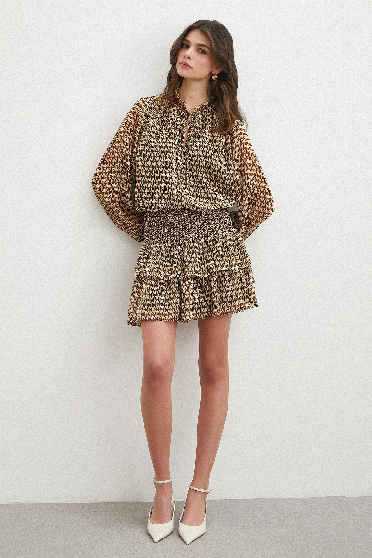 Geometrik Desenli Şifon Etek