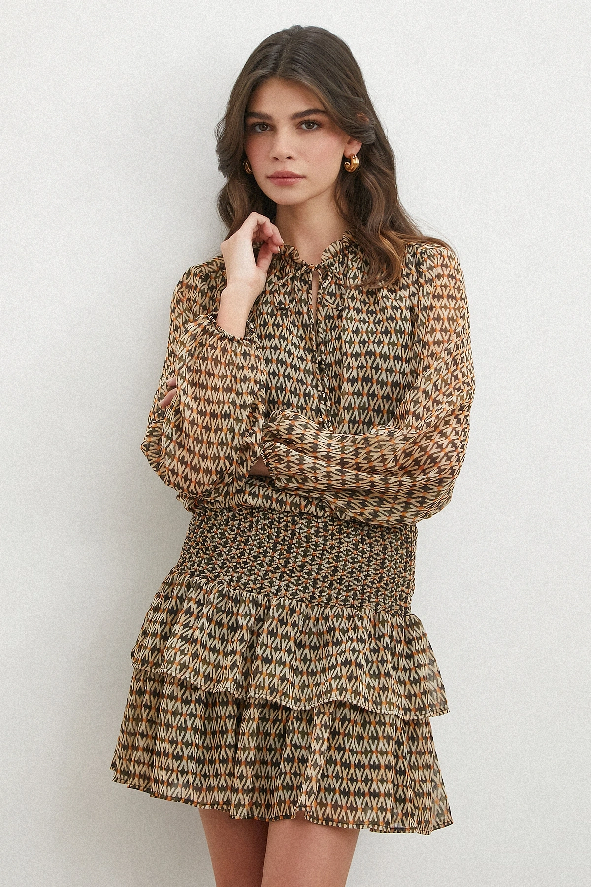 Geometrik Desenli Şifon Etek