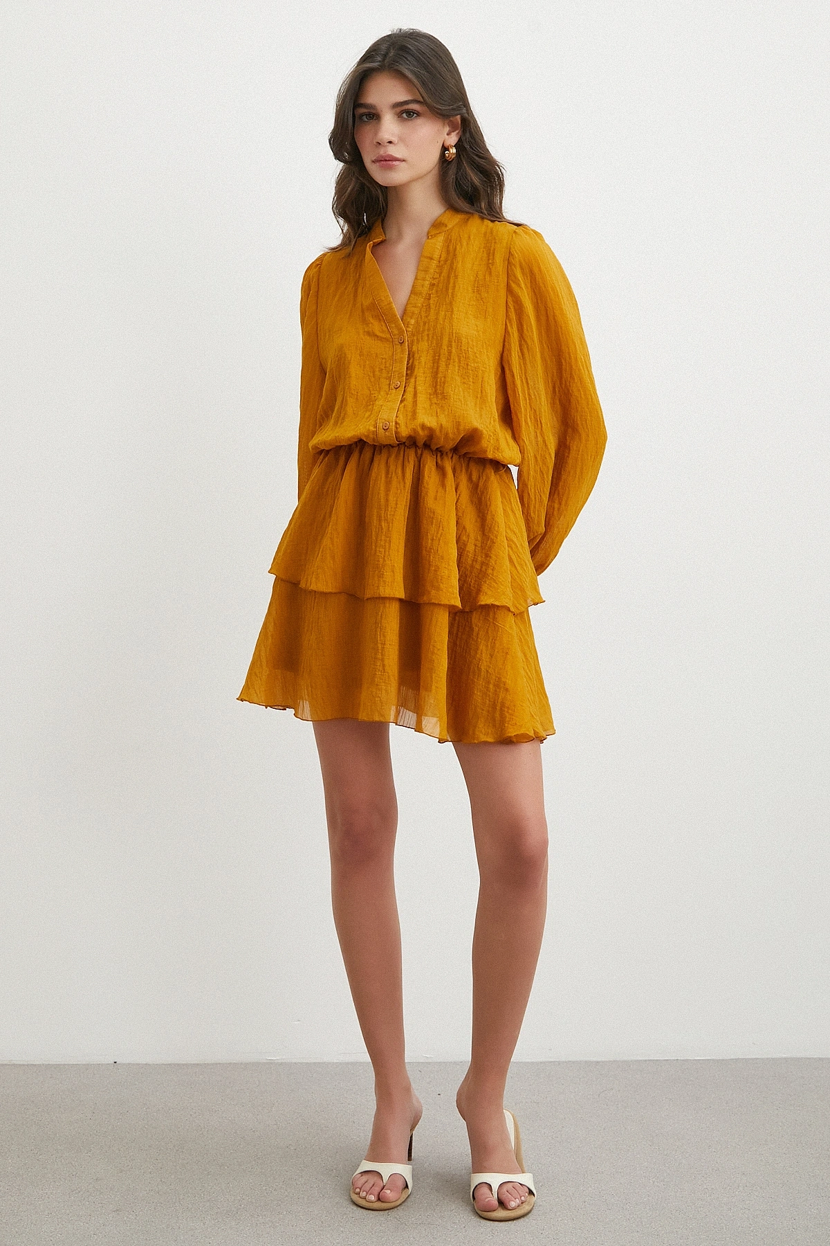 Bolon Kol Hakim Yaka Katlı Şifon Elbise