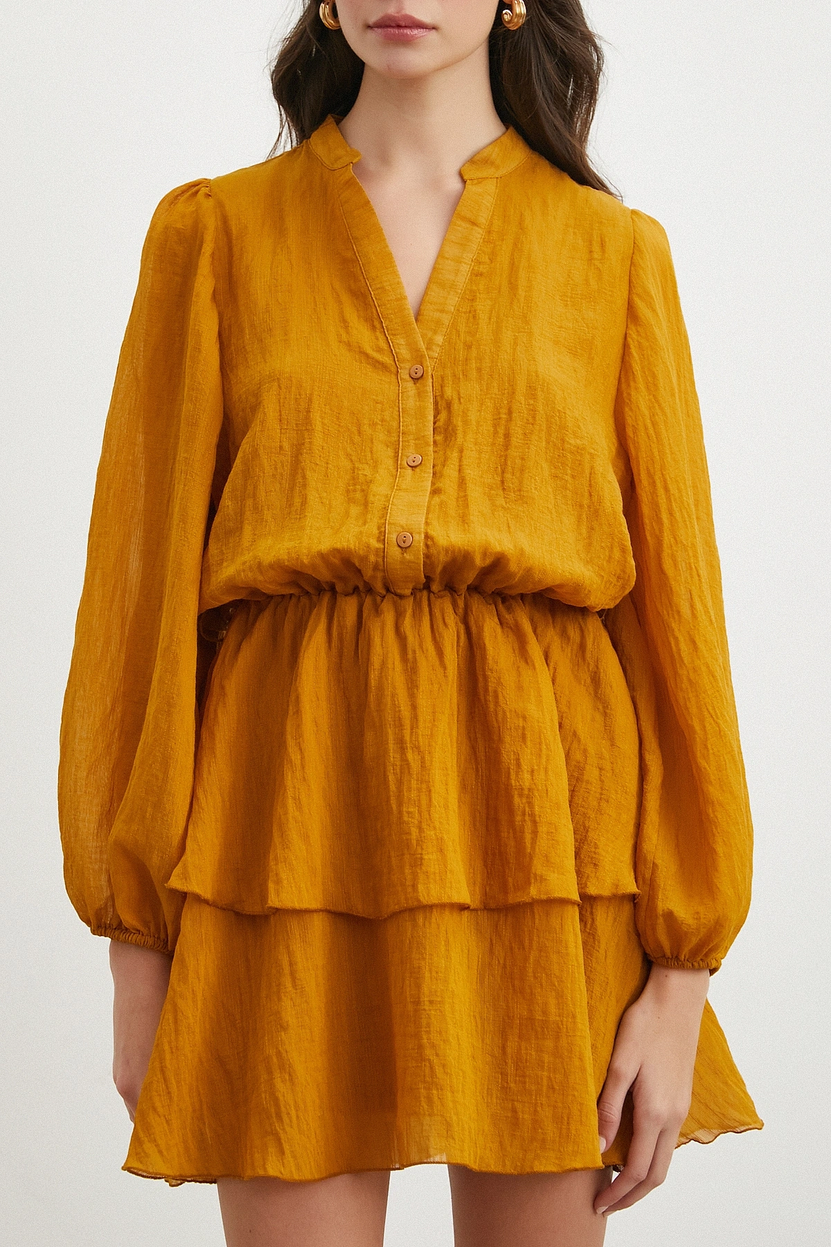 Bolon Kol Hakim Yaka Katlı Şifon Elbise