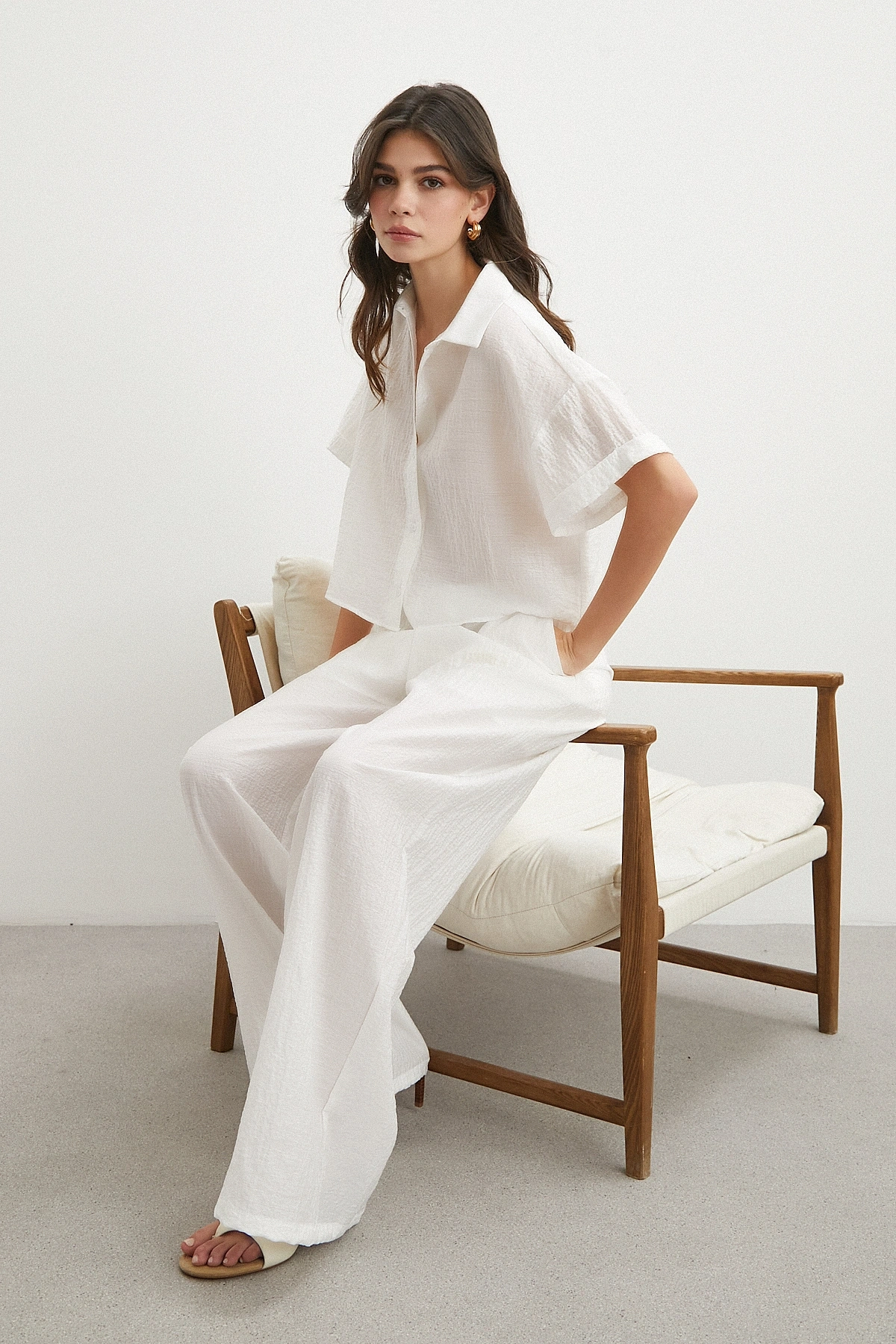 Linen-Look Beyaz Pantolon