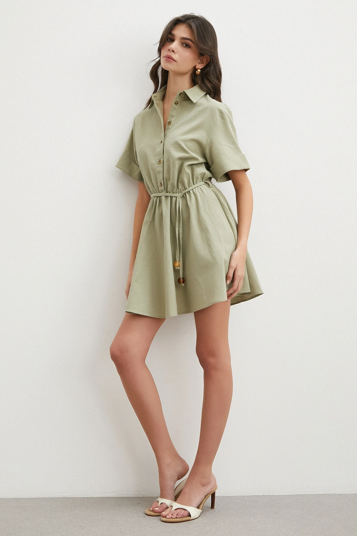 Belden Bağlamalı Gömlek Yaka Yazlık Elbise