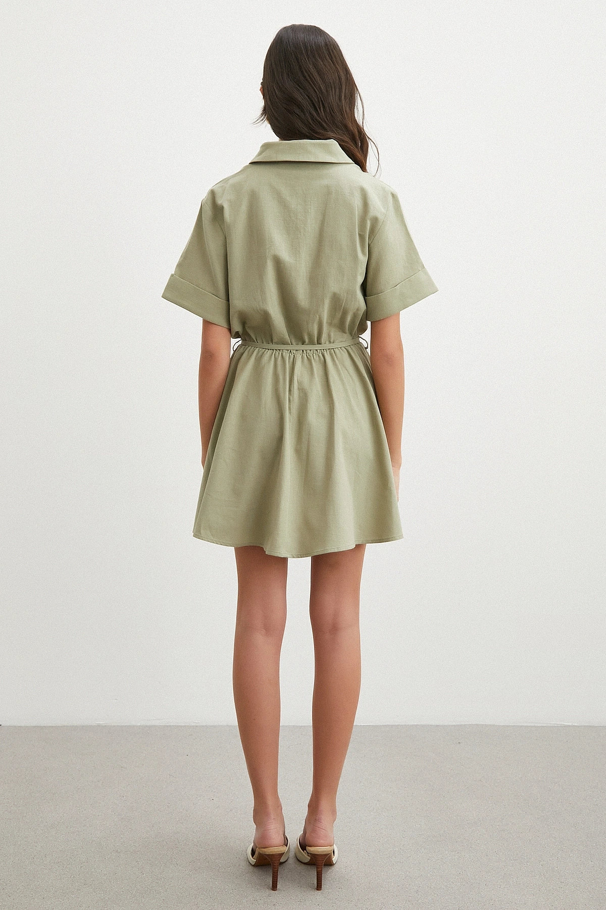 Belden Bağlamalı Gömlek Yaka Yazlık Elbise