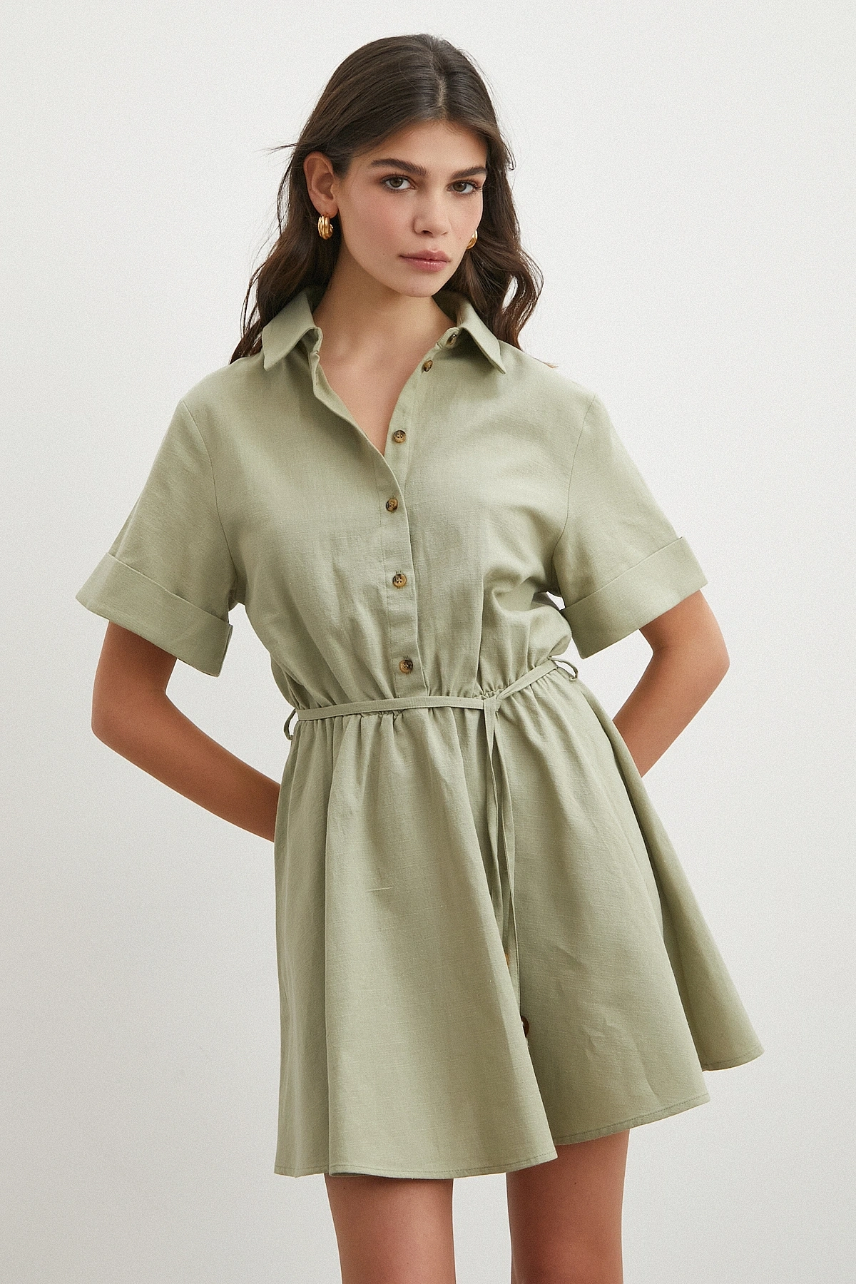 Belden Bağlamalı Gömlek Yaka Yazlık Elbise