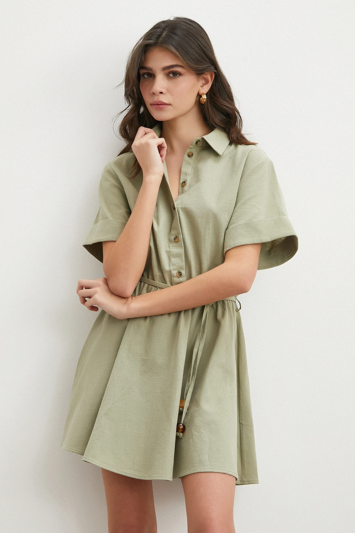Belden Bağlamalı Gömlek Yaka Yazlık Elbise