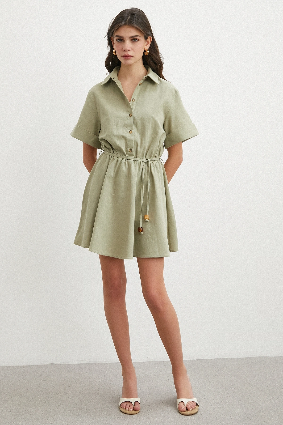 Belden Bağlamalı Gömlek Yaka Yazlık Elbise