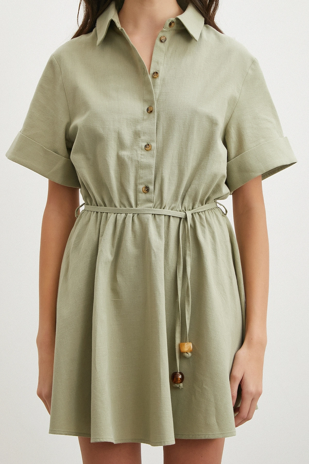 Belden Bağlamalı Gömlek Yaka Yazlık Elbise