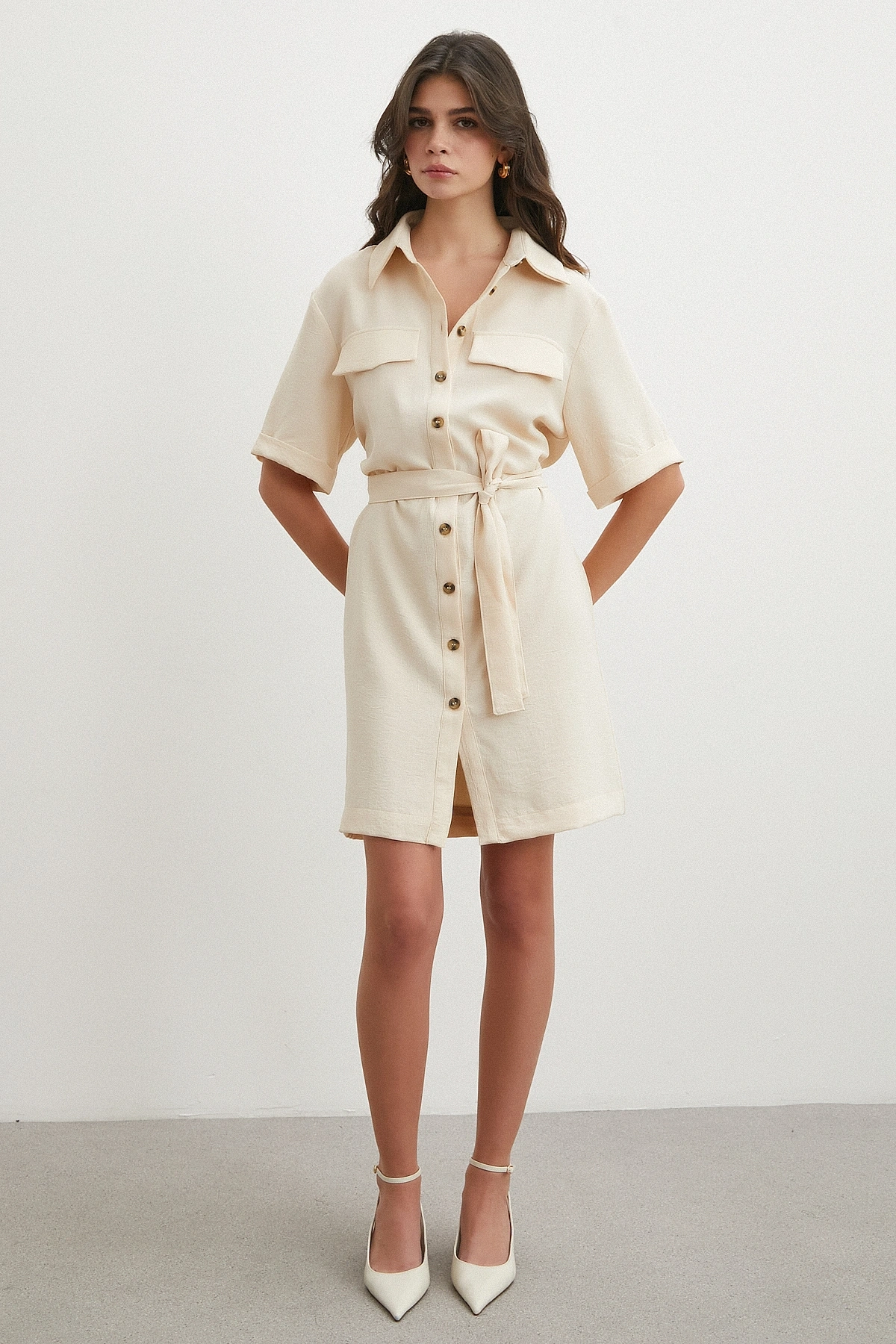 Ekru Safari Serisi Gömlek Elbise