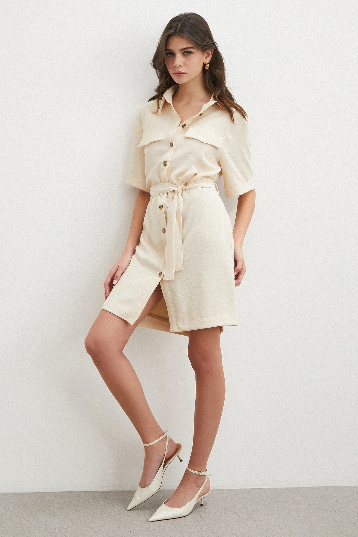 Ekru Safari Serisi Gömlek Elbise