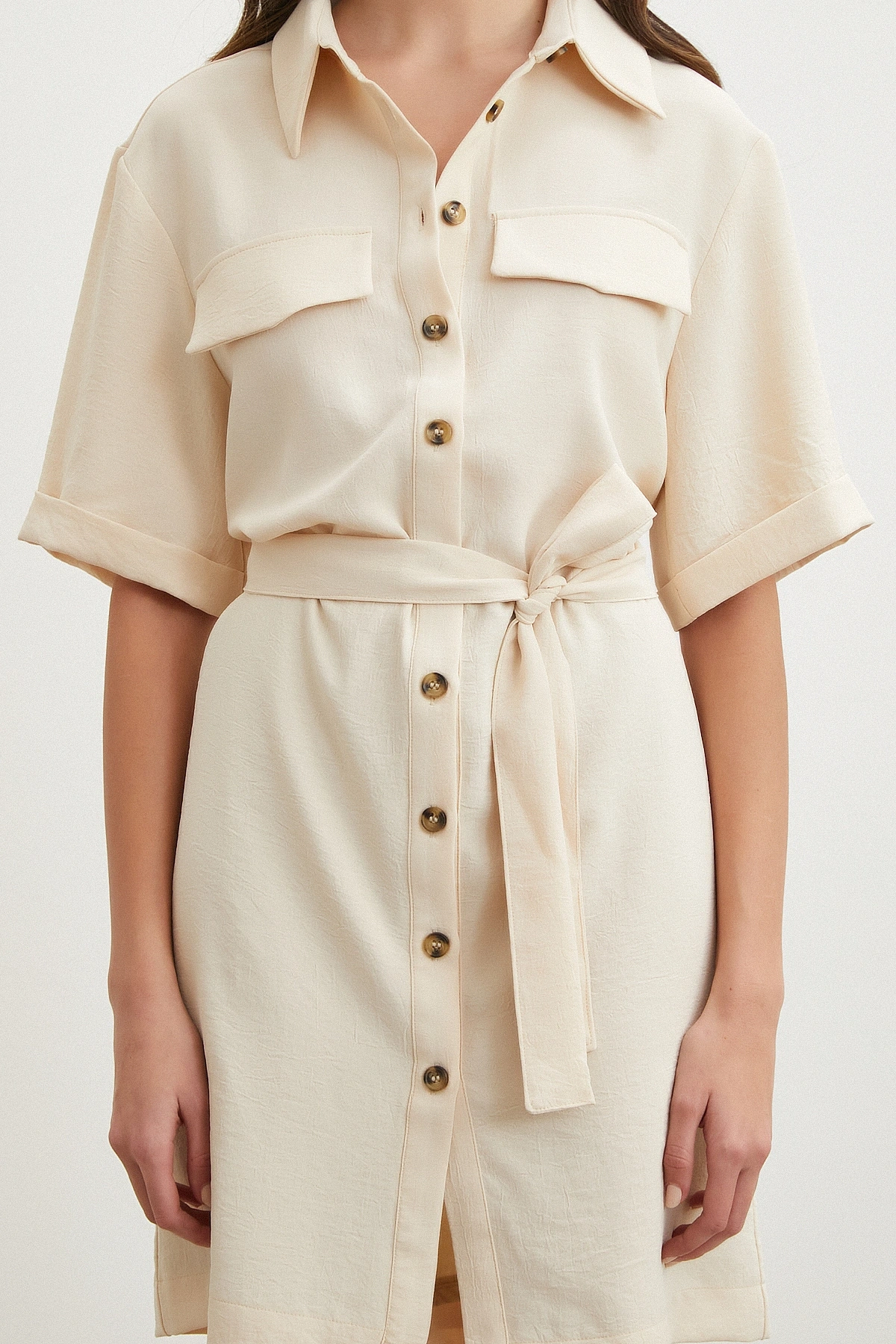 Ekru Safari Serisi Gömlek Elbise