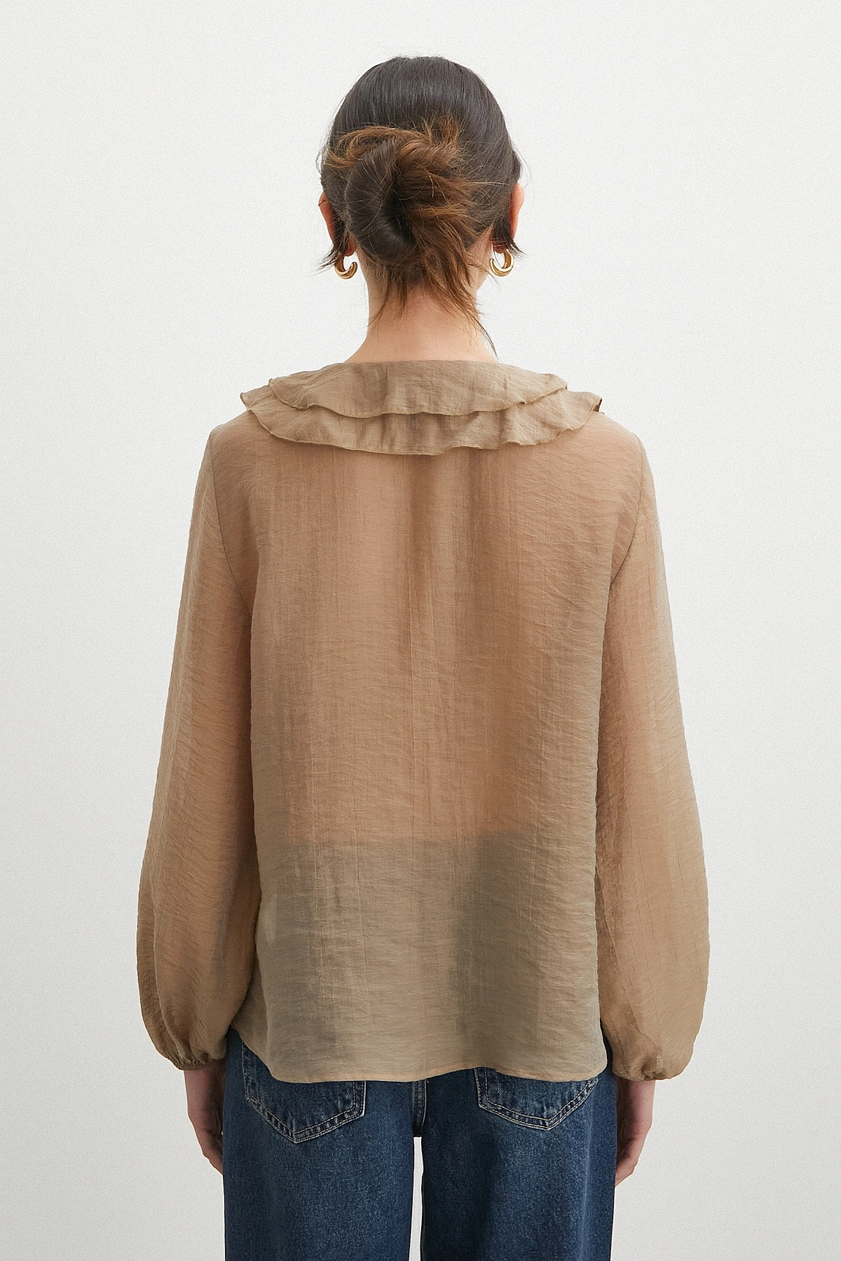 V Yaka Fırfır Detaylı Bağlamalı Bluz