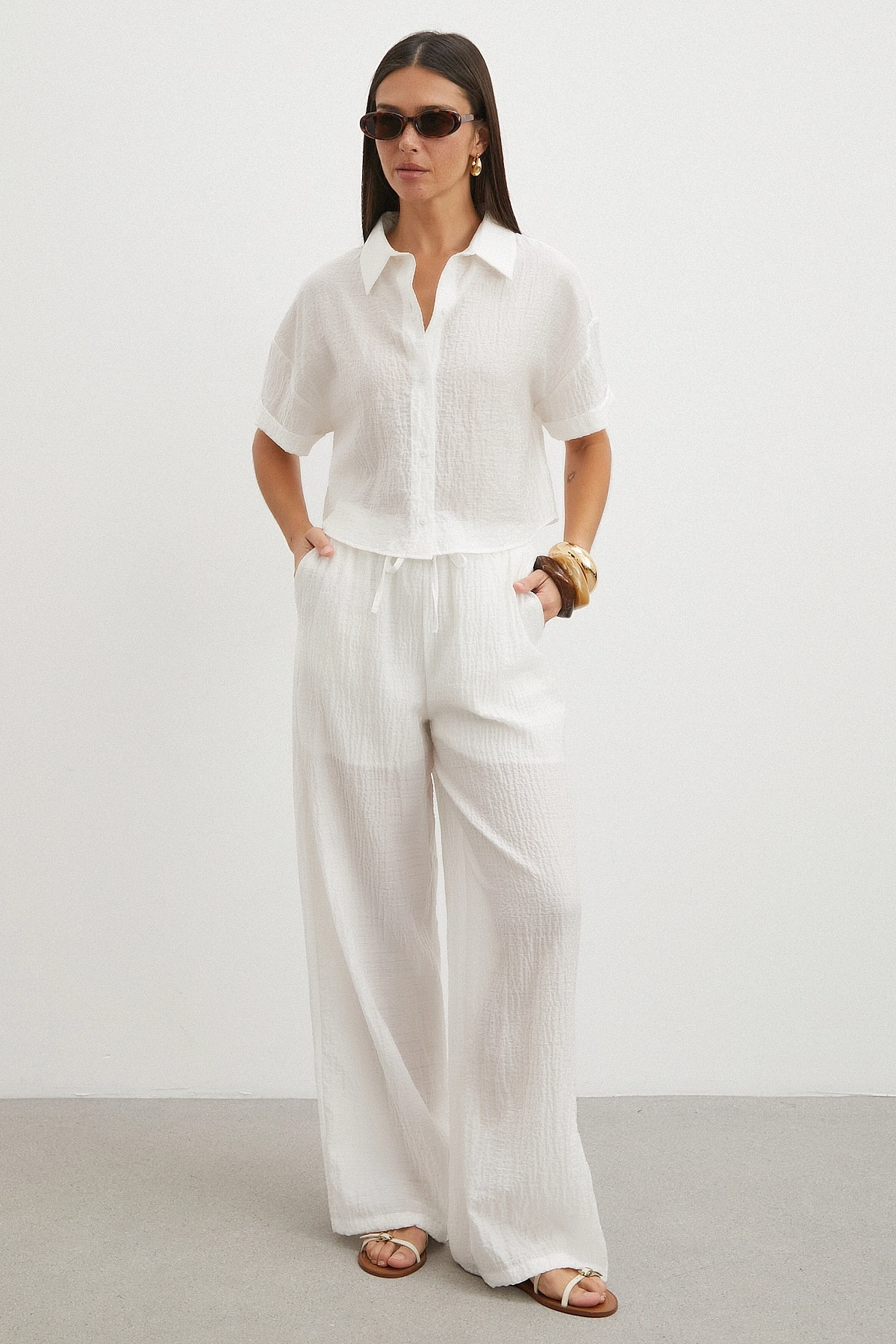 Linen-Look Beyaz Gömlek