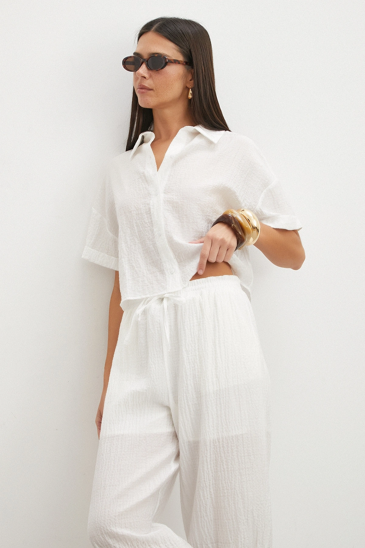 Linen-Look Beyaz Gömlek