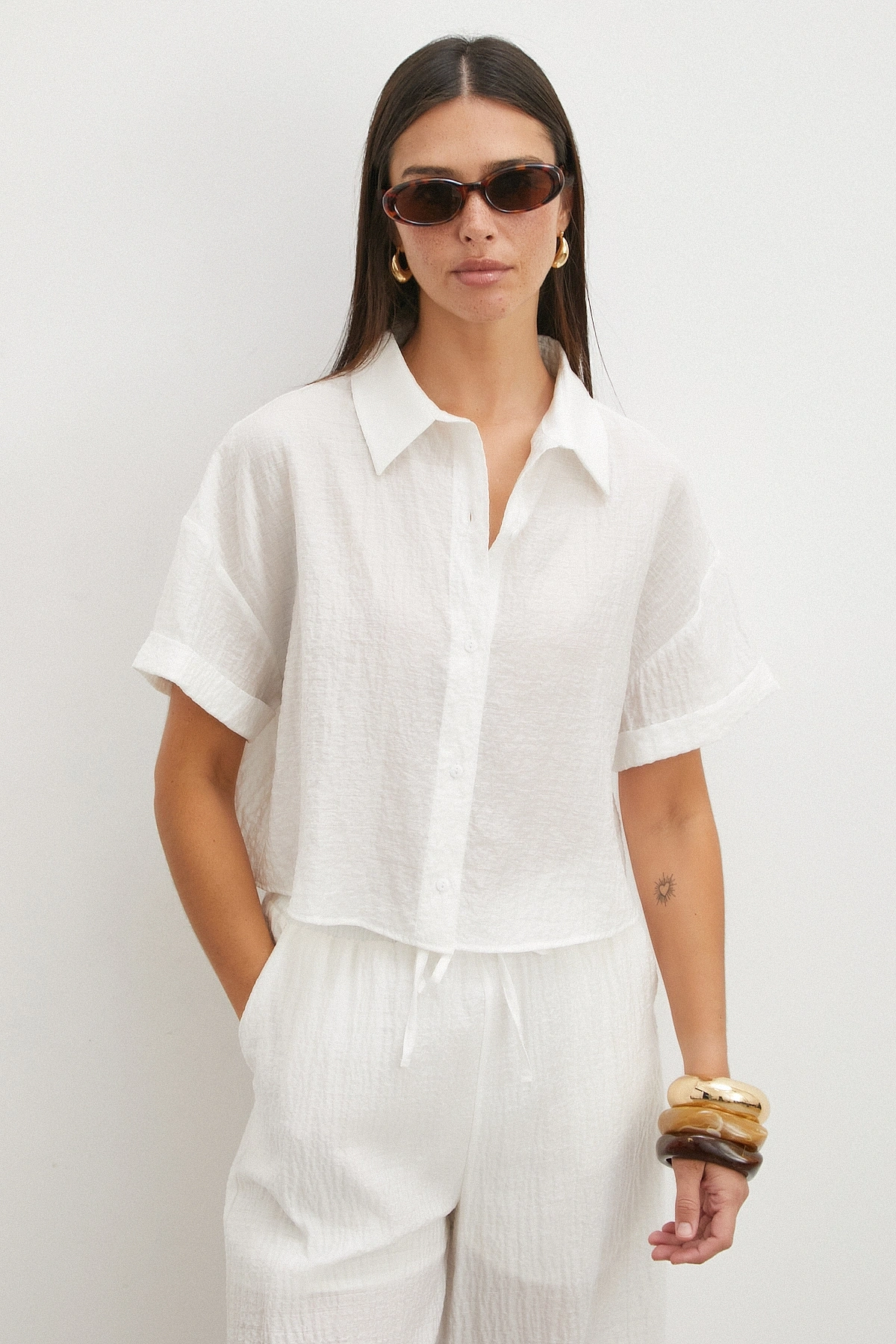 Linen-Look Beyaz Gömlek