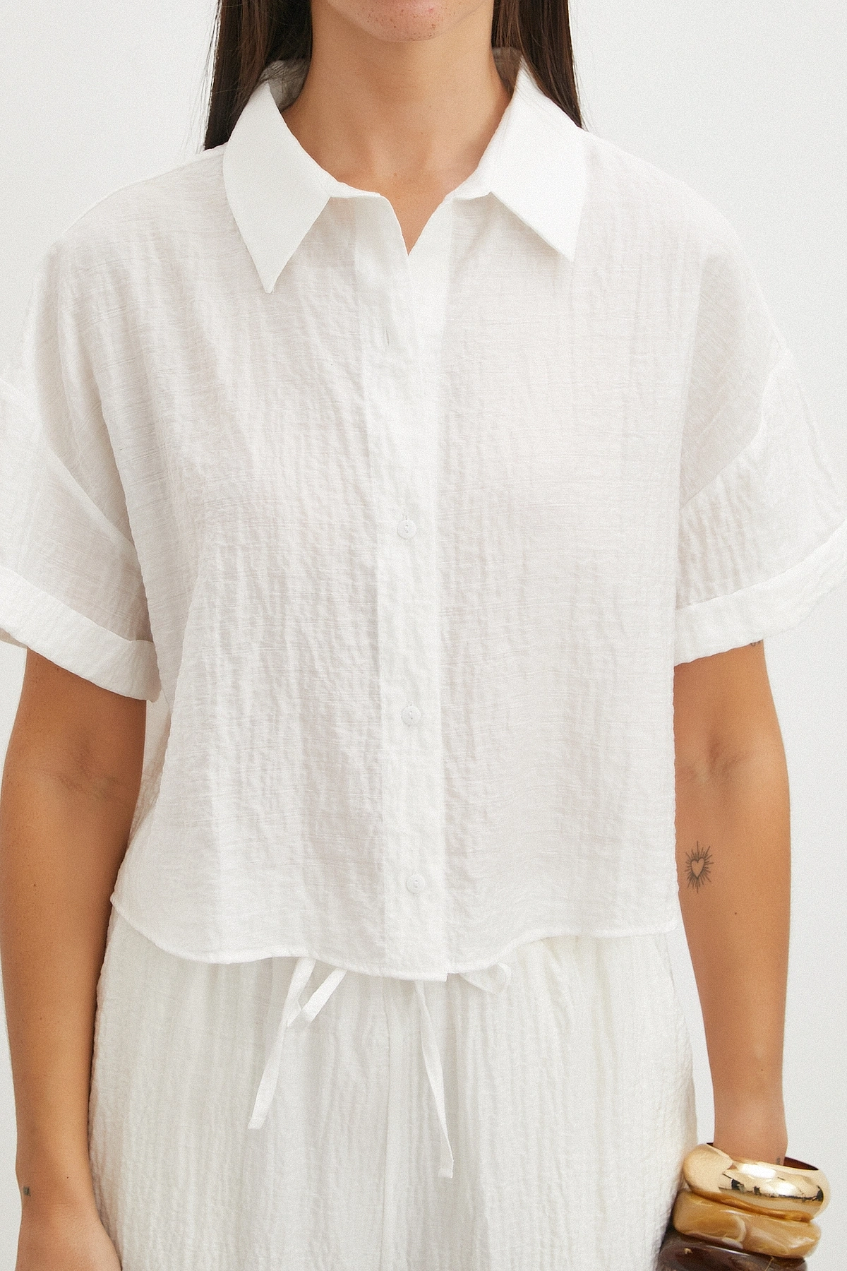 Linen-Look Beyaz Gömlek
