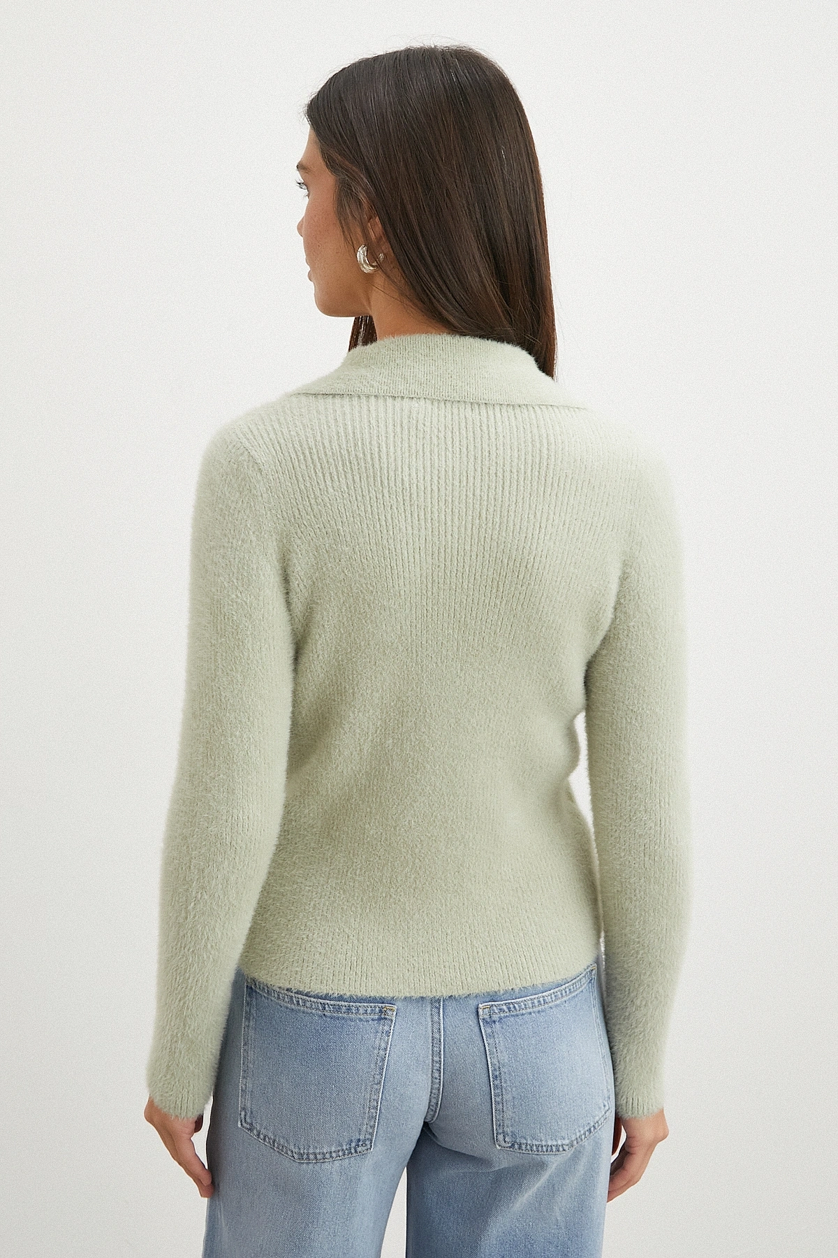 Mint Yeşili Tüylü Crop Hırka