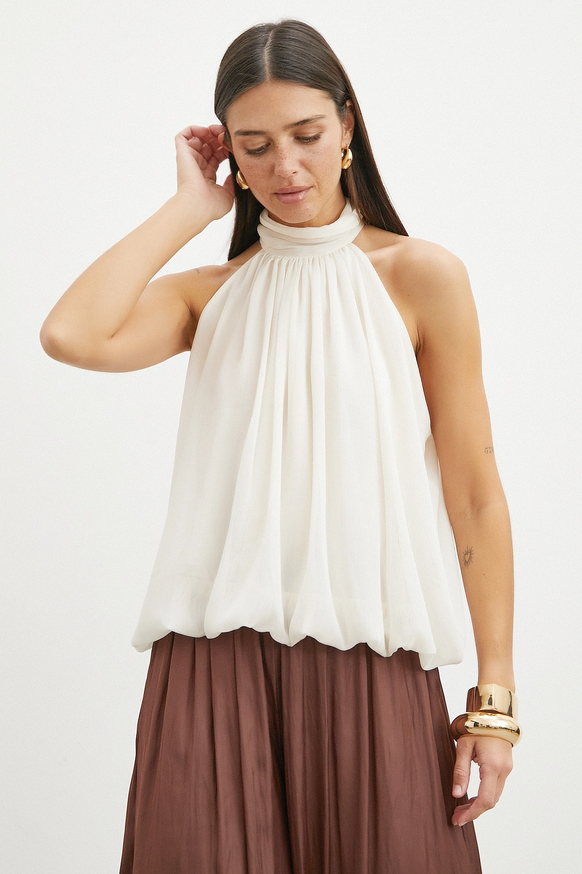 Halter Yaka Drape Bluz