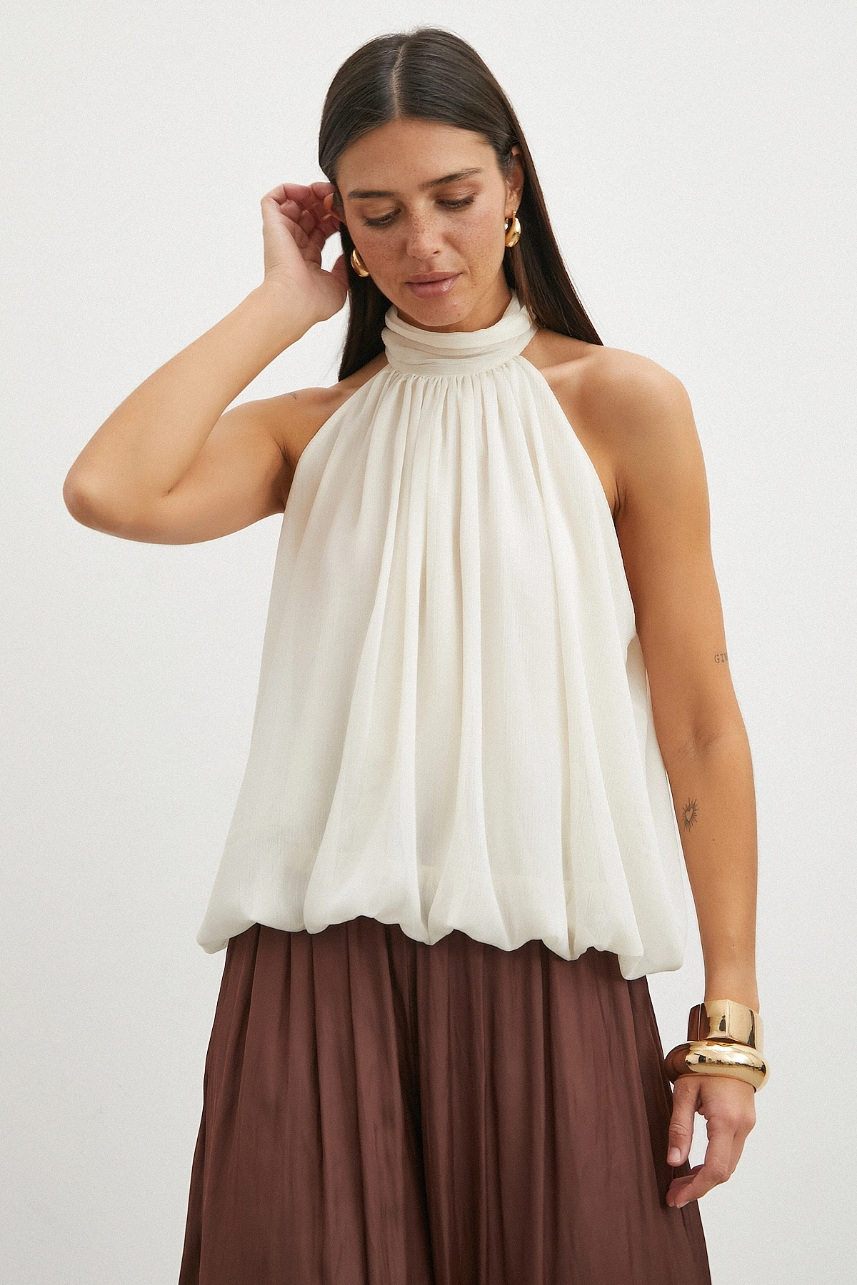 Halter Yaka Drape Bluz
