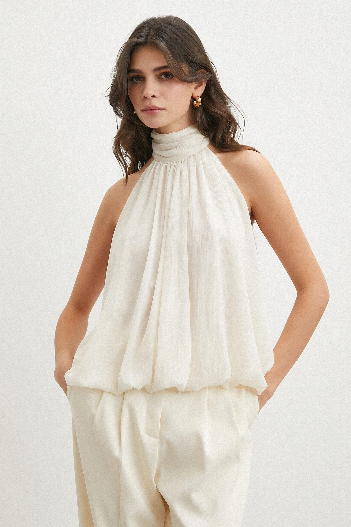 Halter Yaka Drape Bluz