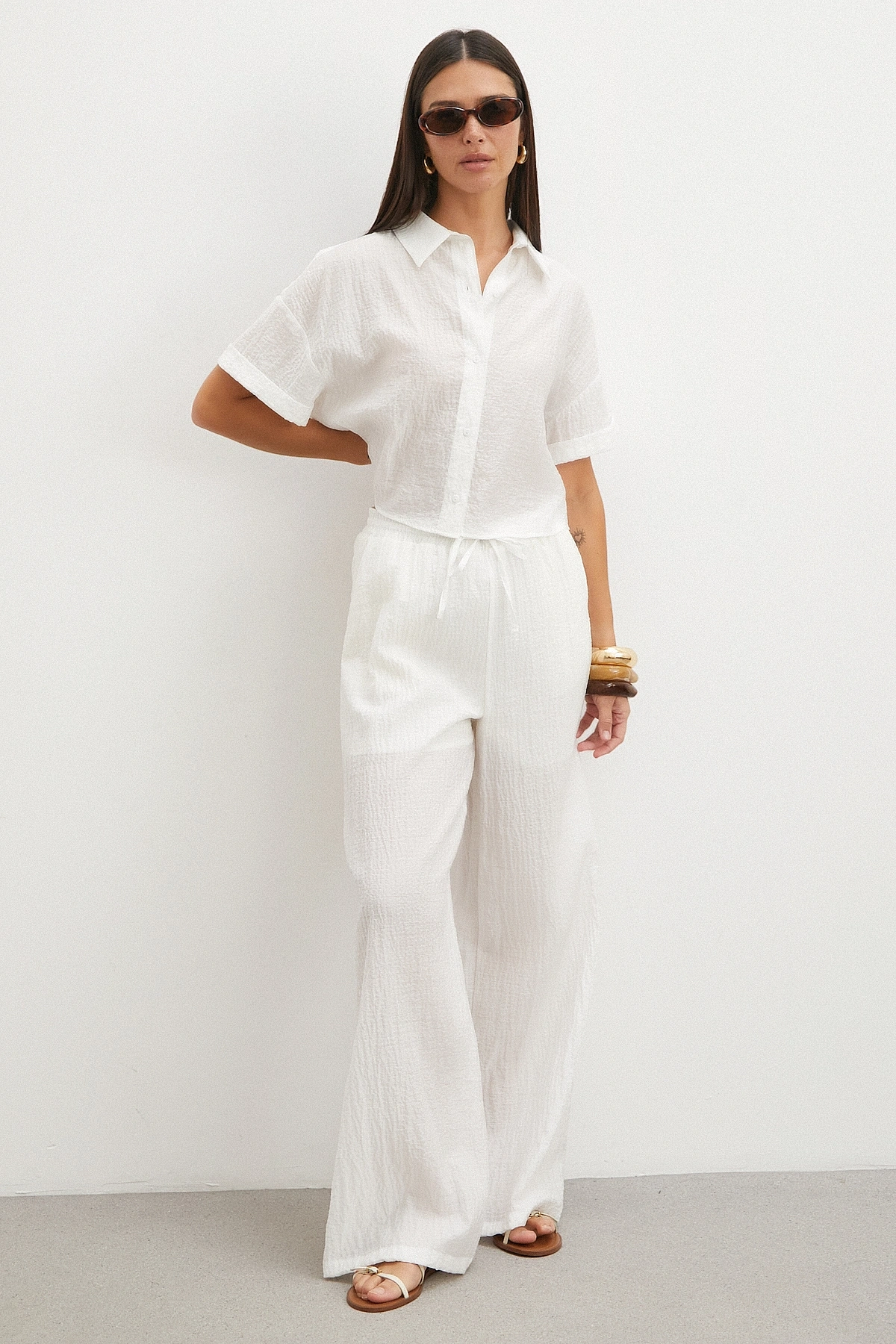 Linen-Look Beyaz Pantolon