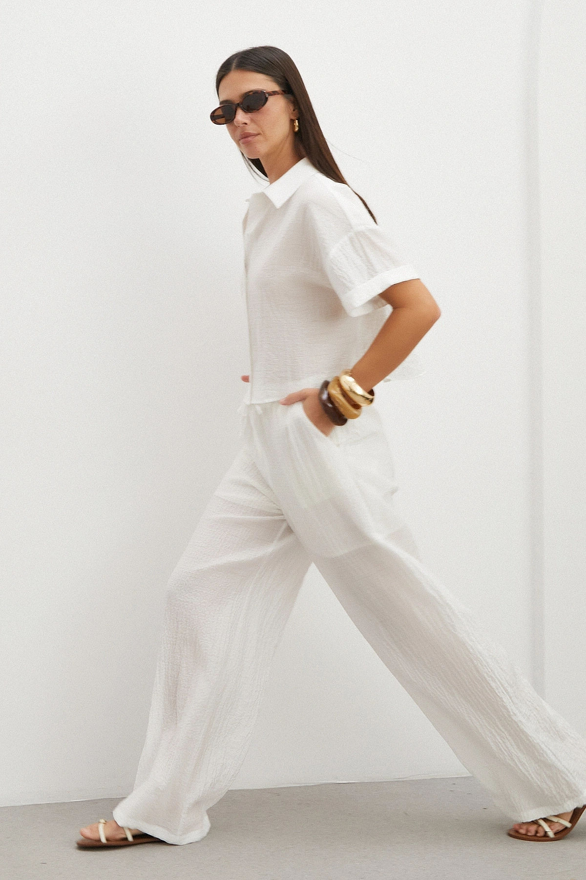 Linen-Look Beyaz Pantolon