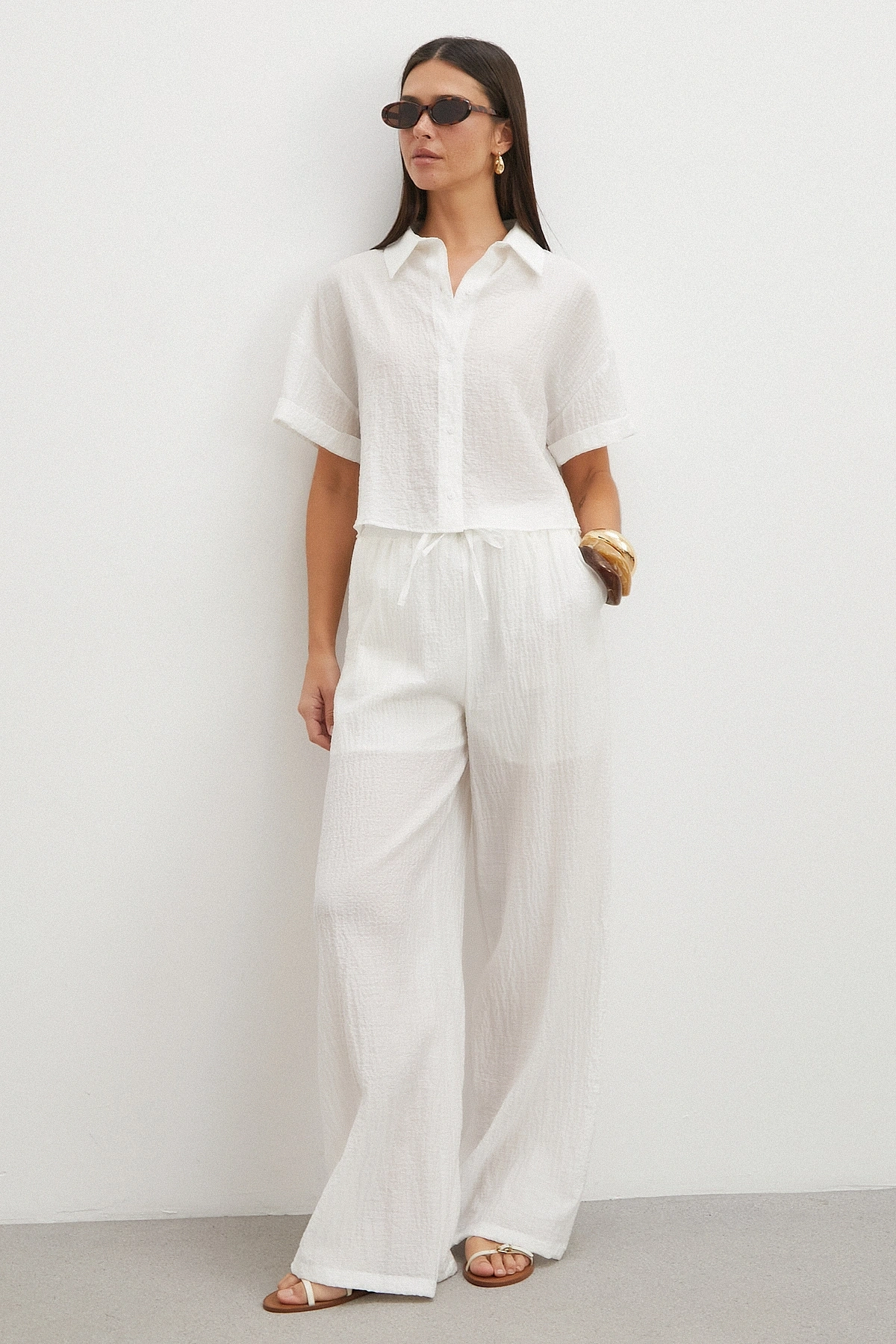 Linen-Look Beyaz Pantolon