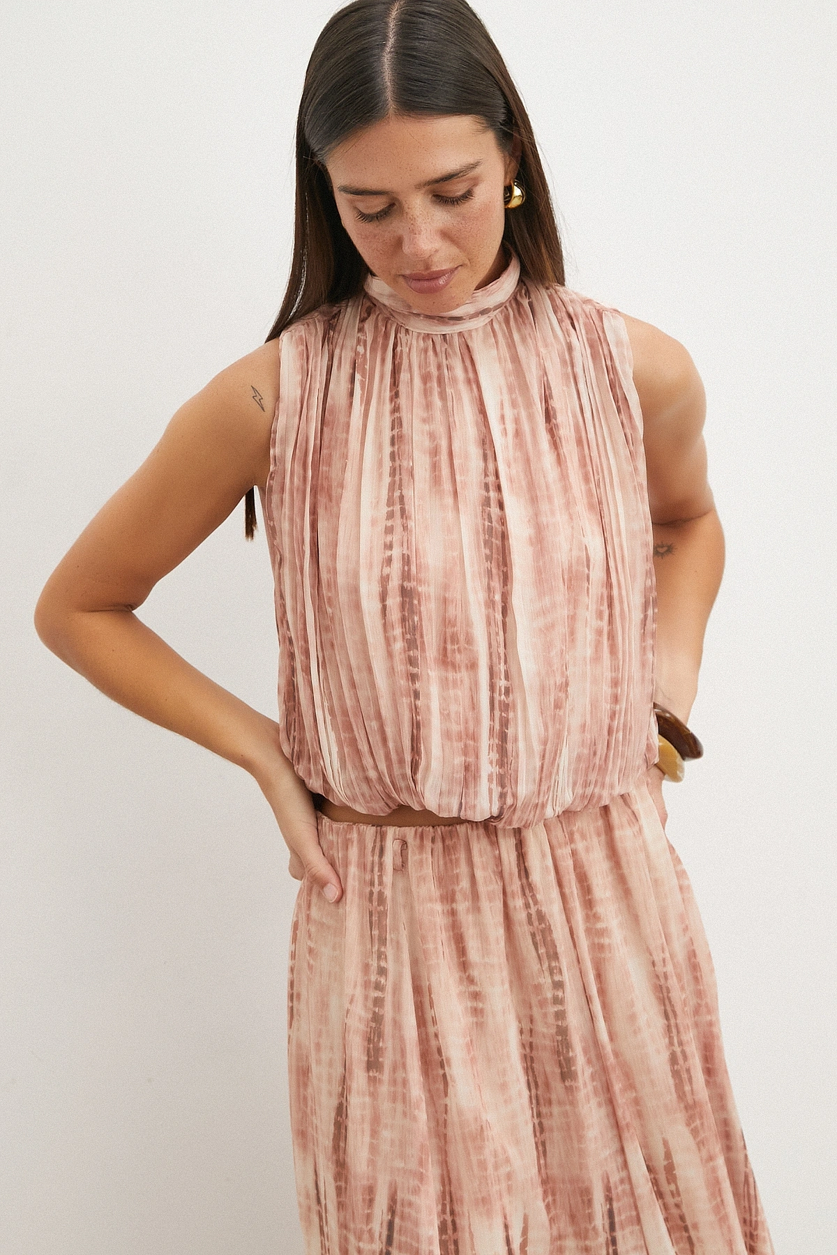 Tie-Dye Pliseli Crop Bluz