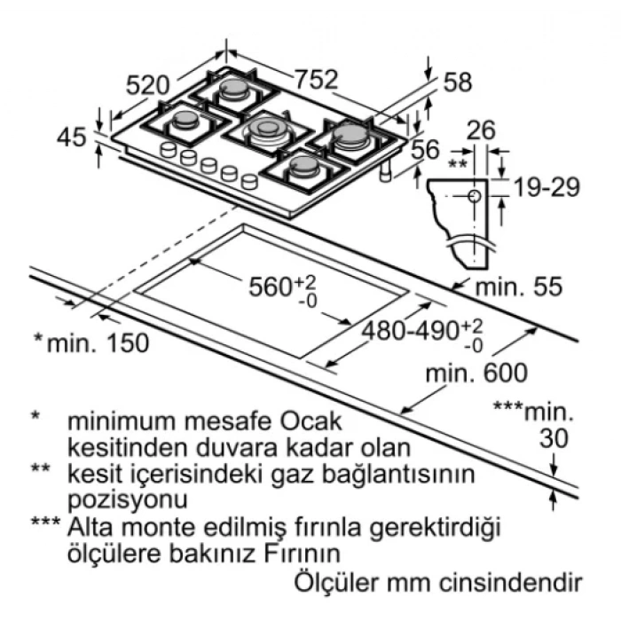 Siemens EN7B8QP30O Kendinden kumandalı, gazlı ankastre ocak