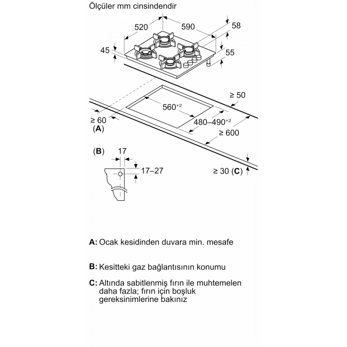Siemens EO6C2PP30O iQ300 Gazlı Ocak 60 cm Sert cam, Beyaz