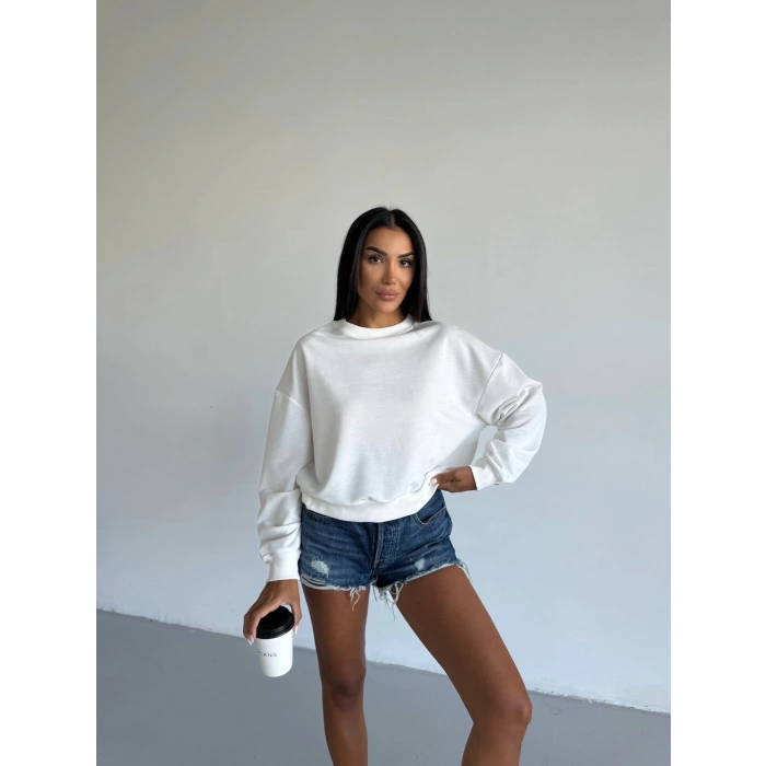 2 iplik bisiklet yaka sweat beyaz f2339