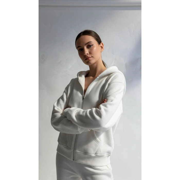 3 iplik şardonlu kapşonlu hoodie frm beyaz p510437