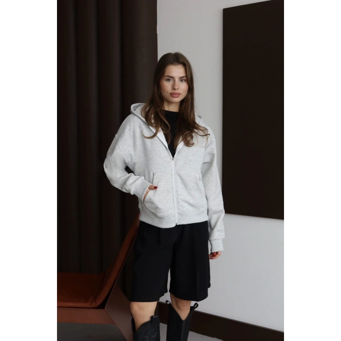 3 iplik şardonlu kapşonlu hoodie frm gri p510437