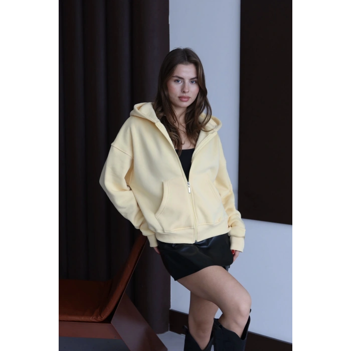 3 iplik şardonlu kapşonlu hoodie frm sarı p510437