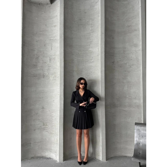 Altı piliseli uzun kollu ceket elbise siyah s255016