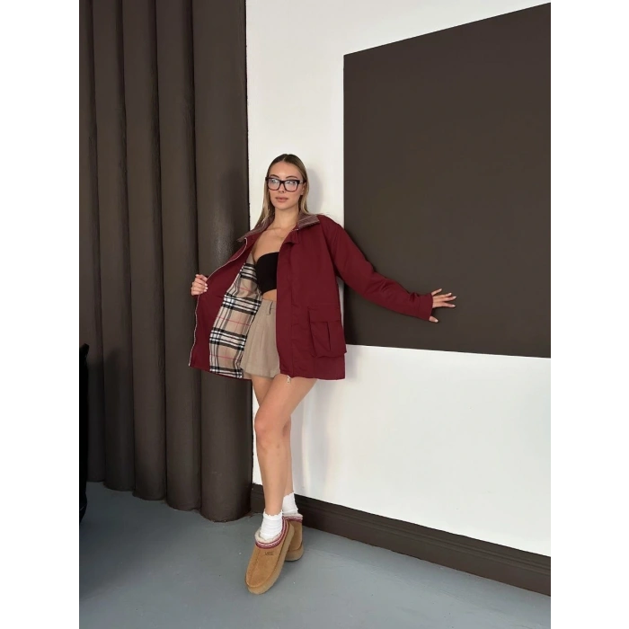 Astarlı yaka detaylı artos ceket bordo st2651019