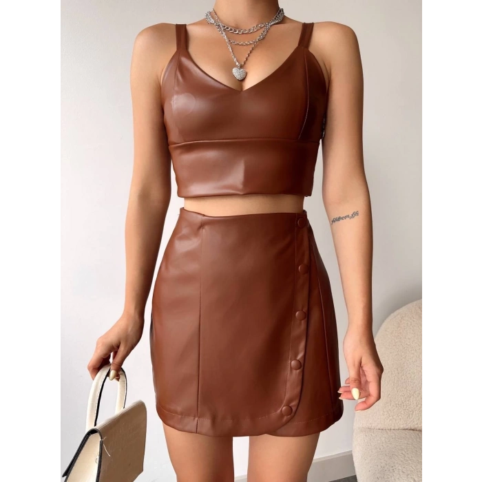 Beş düğmeli oval deri etek kahve h240068