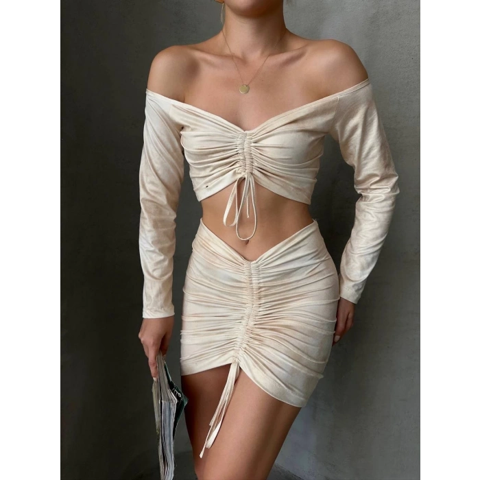 Büzgülü etek bluz takım bej s24709