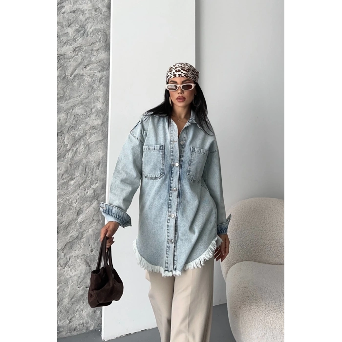 Cepli püsküllü kar yıkama kot ceket mavi d2515