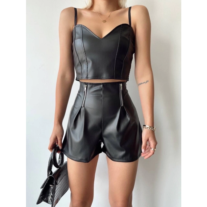 Çift fermuarlı deri şort h24394