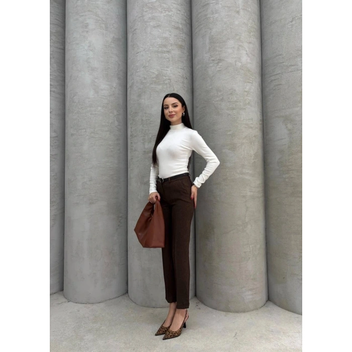 Dar paça kemerli kumaş pantolon kahve pt53